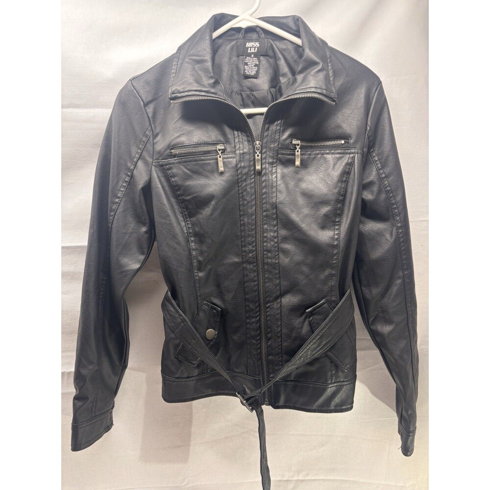 Miss Lili Women’s Black Genuine Leather Belted Jacket Size Small
